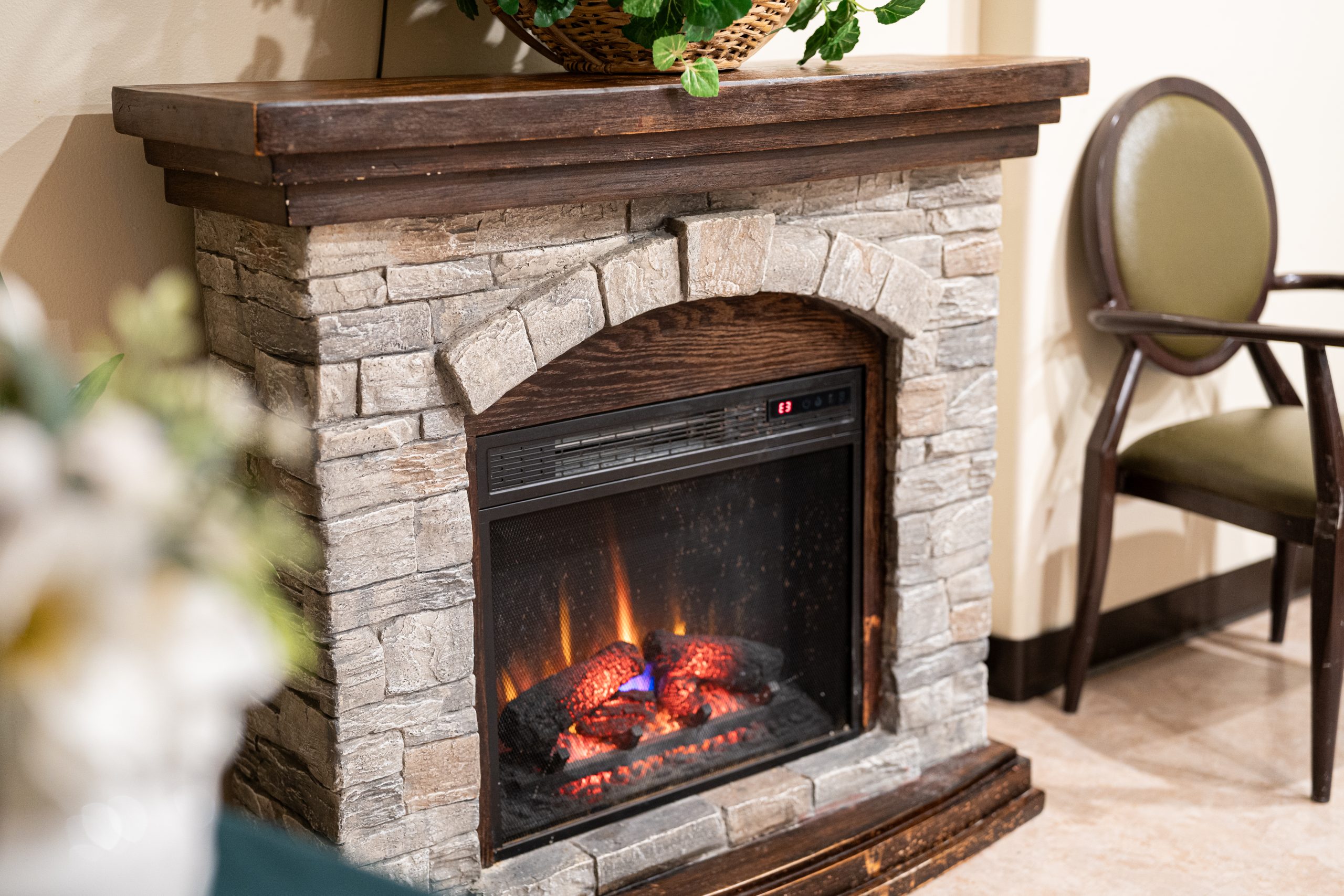 Fireplace with burning fire